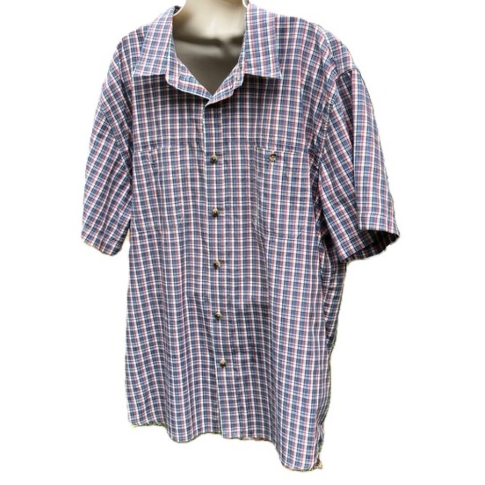 G. H. Bass and Co Button Down Short Sleeve Red White Blue Checker Plaid Men XL